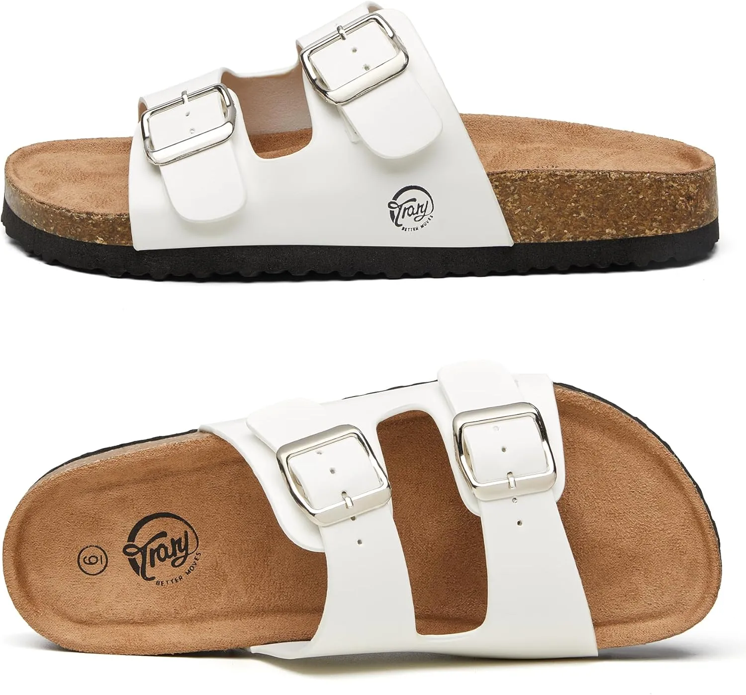 Trary Women's Sandals Cork Footbed Slide Sandals Comfortable Slip On Slides Summer Beach Flip Flops with Adjustable Buckle Casual Flat Sandals