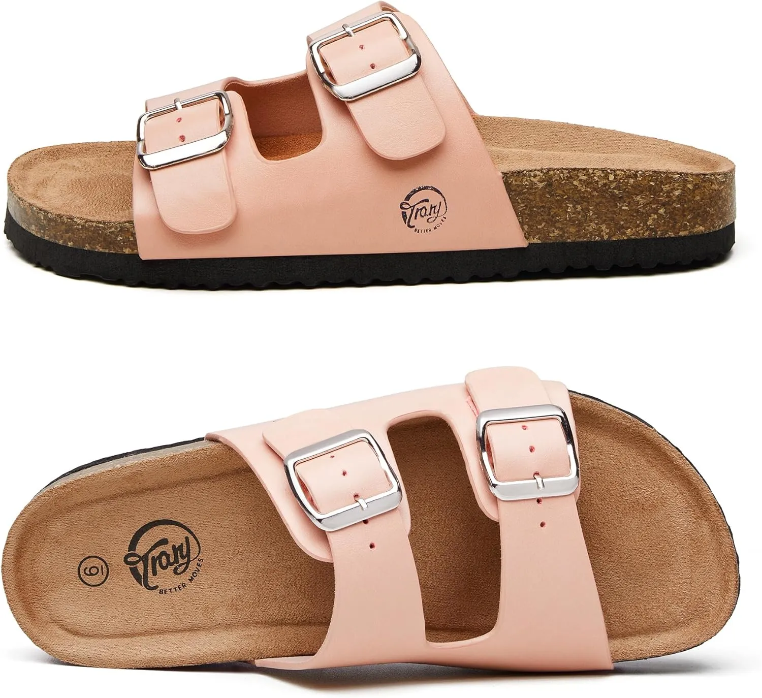 Trary Women's Sandals Cork Footbed Slide Sandals Comfortable Slip On Slides Summer Beach Flip Flops with Adjustable Buckle Casual Flat Sandals