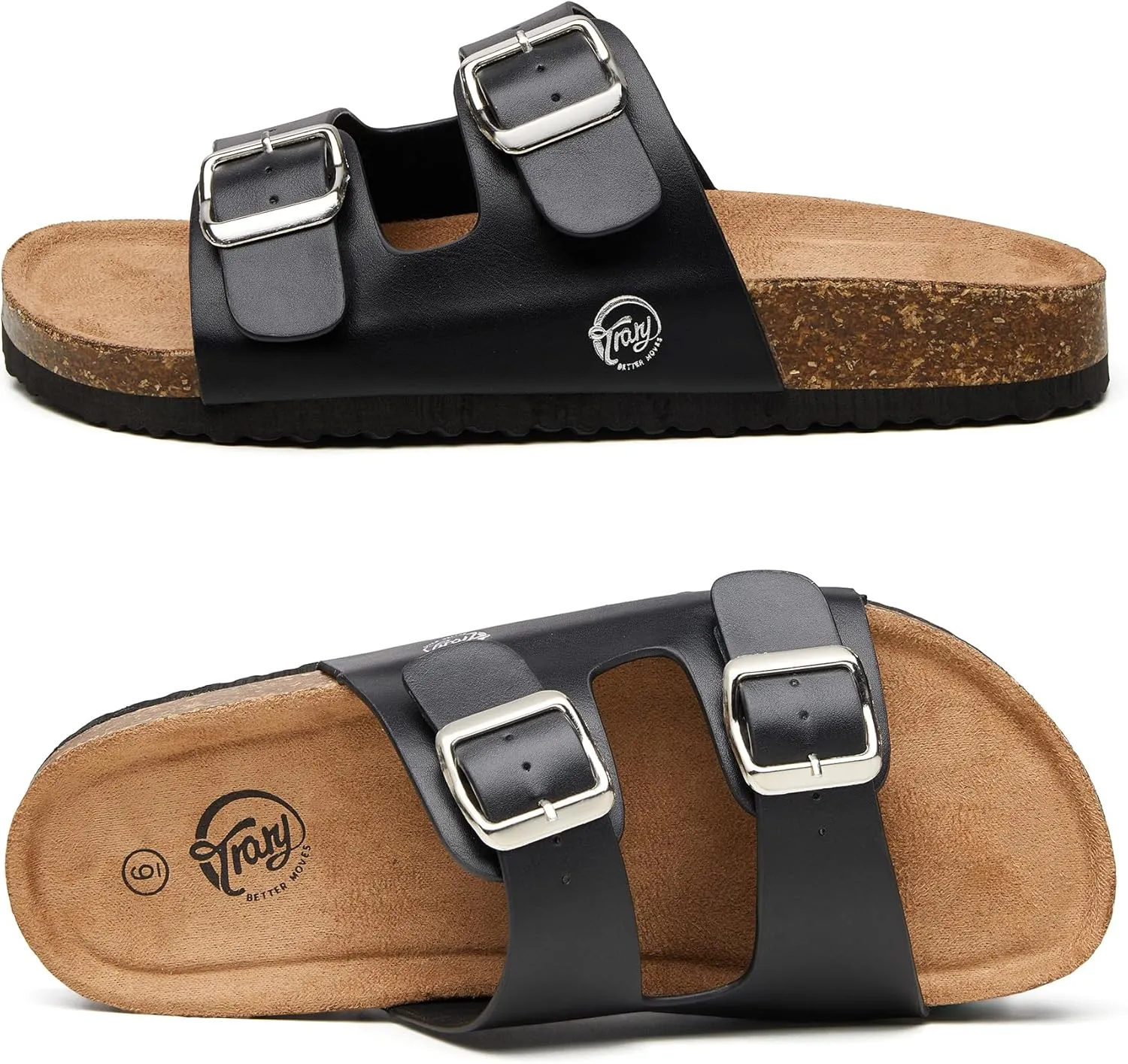 Trary Women's Sandals Cork Footbed Slide Sandals Comfortable Slip On Slides Summer Beach Flip Flops with Adjustable Buckle Casual Flat Sandals