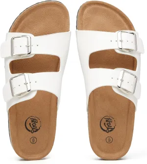 Trary Women's Sandals Cork Footbed Slide Sandals Comfortable Slip On Slides Summer Beach Flip Flops with Adjustable Buckle Casual Flat Sandals