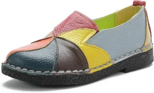Trsorini Women Casual Loafers Shoes Comfortable Multi Color Stitching Leather Slip on Shoes for Lady Soft Sole Flat Driving Walking Dress