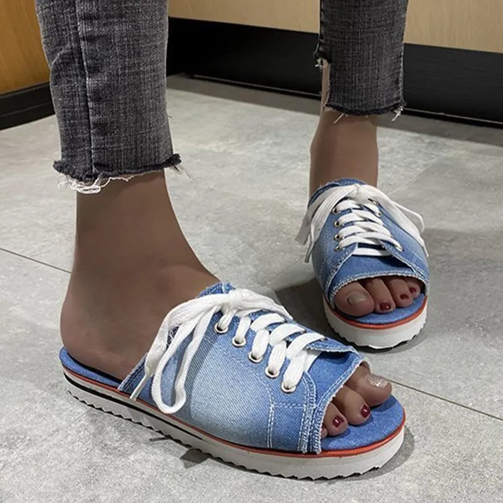 Ulalaza Women's Denim Slides Casual Jean Cloth Flat Mules Open Toe Wedge Slippers Platform Clogs Non-Slip Boho Sandals Close Pointed Toe Heels Backless Slip-On Loafers Walking Flip Flops