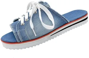 Ulalaza Women's Denim Slides Casual Jean Cloth Flat Mules Open Toe Wedge Slippers Platform Clogs Non-Slip Boho Sandals Close Pointed Toe Heels Backless Slip-On Loafers Walking Flip Flops