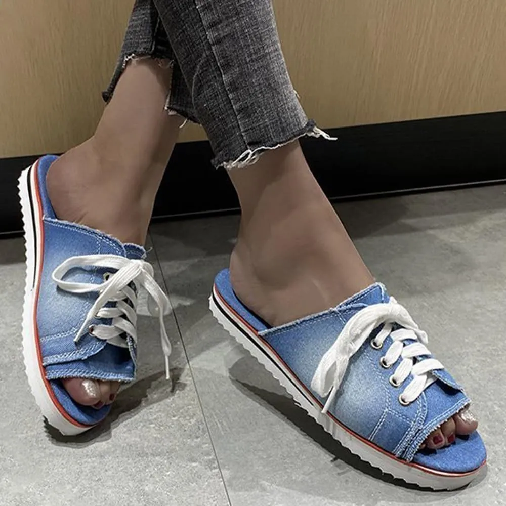 Ulalaza Women's Denim Slides Casual Jean Cloth Flat Mules Open Toe Wedge Slippers Platform Clogs Non-Slip Boho Sandals Close Pointed Toe Heels Backless Slip-On Loafers Walking Flip Flops