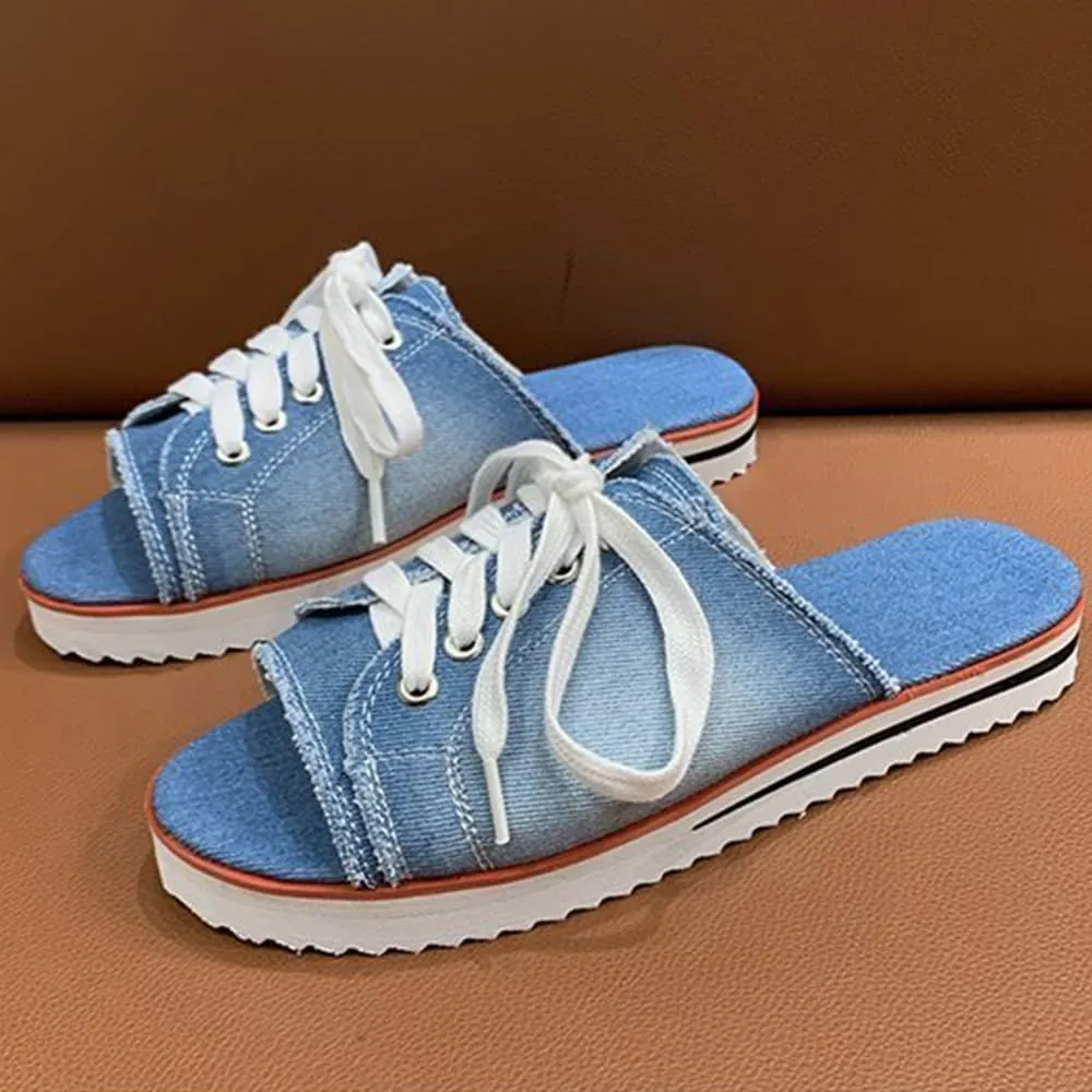 Ulalaza Women's Denim Slides Casual Jean Cloth Flat Mules Open Toe Wedge Slippers Platform Clogs Non-Slip Boho Sandals Close Pointed Toe Heels Backless Slip-On Loafers Walking Flip Flops