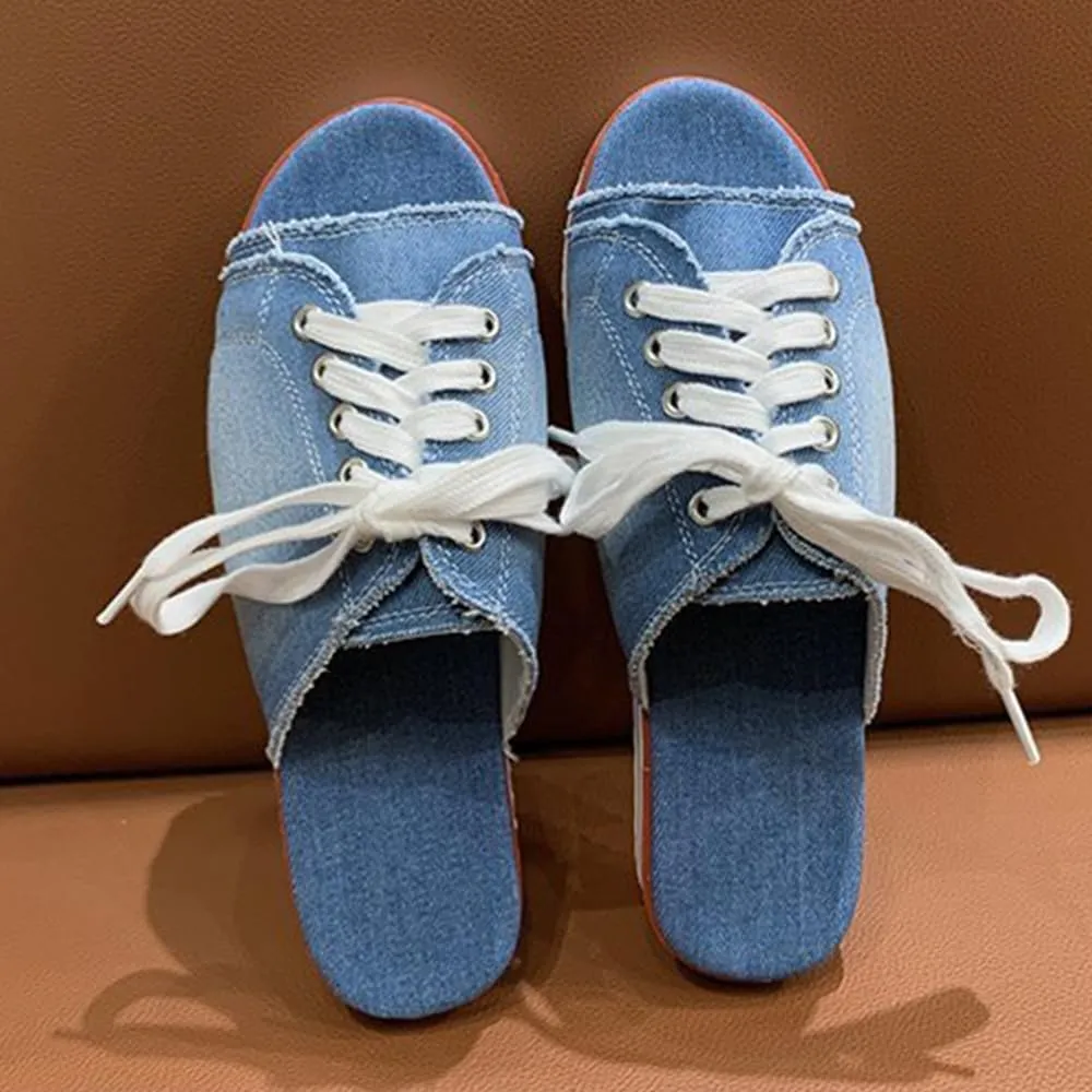 Ulalaza Women's Denim Slides Casual Jean Cloth Flat Mules Open Toe Wedge Slippers Platform Clogs Non-Slip Boho Sandals Close Pointed Toe Heels Backless Slip-On Loafers Walking Flip Flops