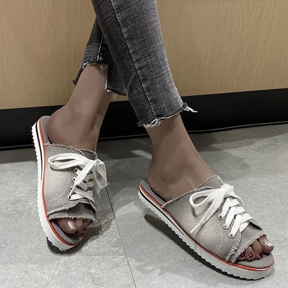 Ulalaza Women's Denim Slides Casual Jean Cloth Flat Mules Open Toe Wedge Slippers Platform Clogs Non-Slip Boho Sandals Close Pointed Toe Heels Backless Slip-On Loafers Walking Flip Flops