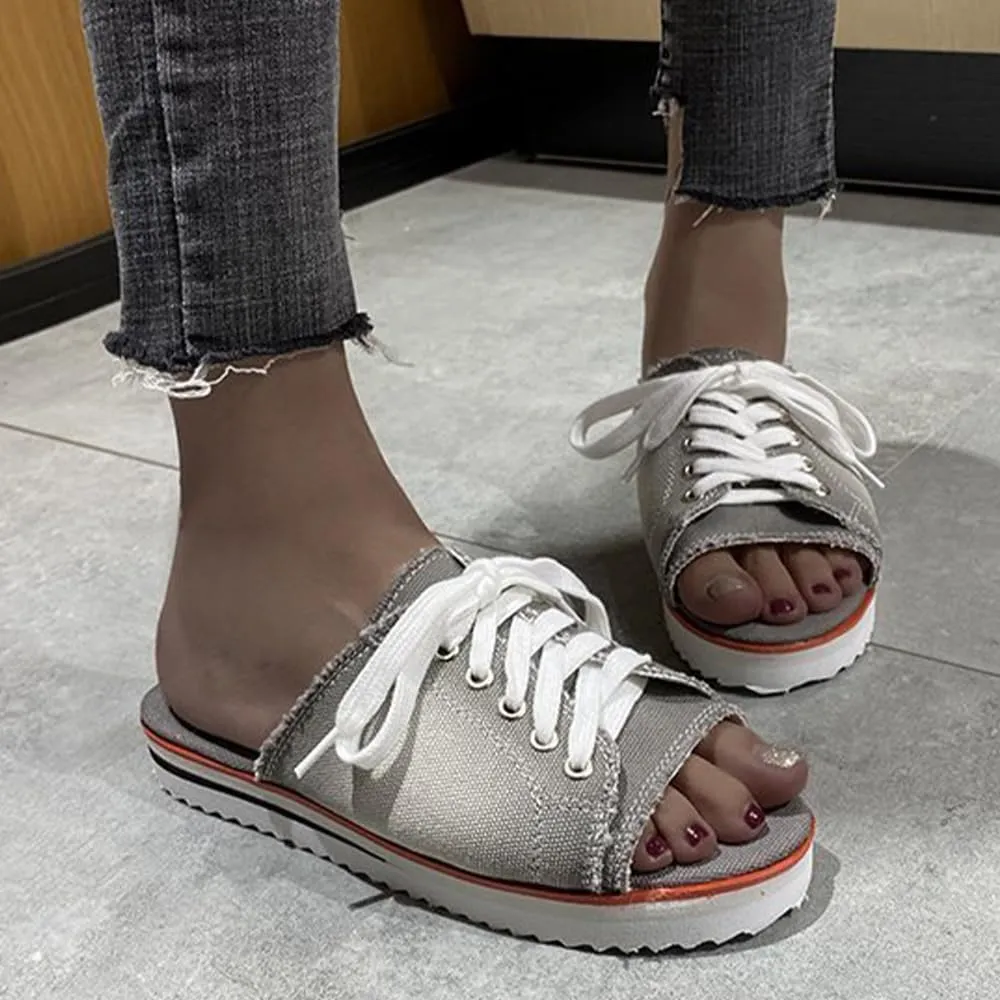 Ulalaza Women's Denim Slides Casual Jean Cloth Flat Mules Open Toe Wedge Slippers Platform Clogs Non-Slip Boho Sandals Close Pointed Toe Heels Backless Slip-On Loafers Walking Flip Flops