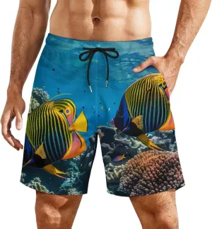 Underwater Landscape Royal Angelfishes Men's Swim Trunks Quick Dry Board Shorts Swimwear Beach Shorts with Compression Liner