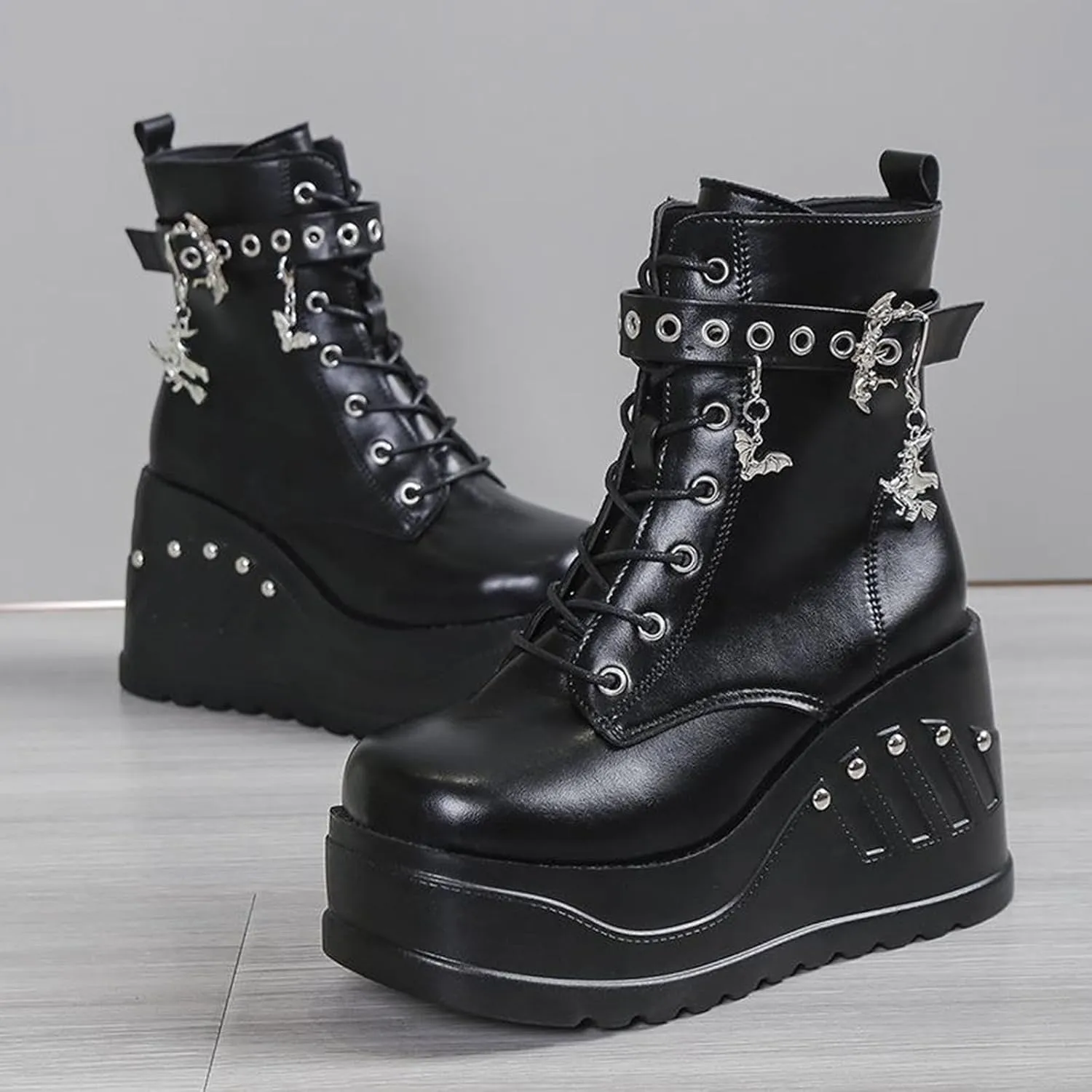 UOQAPRE Women's High Heel Combat Boots Square Toe Lace Up Ankle Booties Fashion Wedge Chunky Platform Boots Zipper Bootie Shoes
