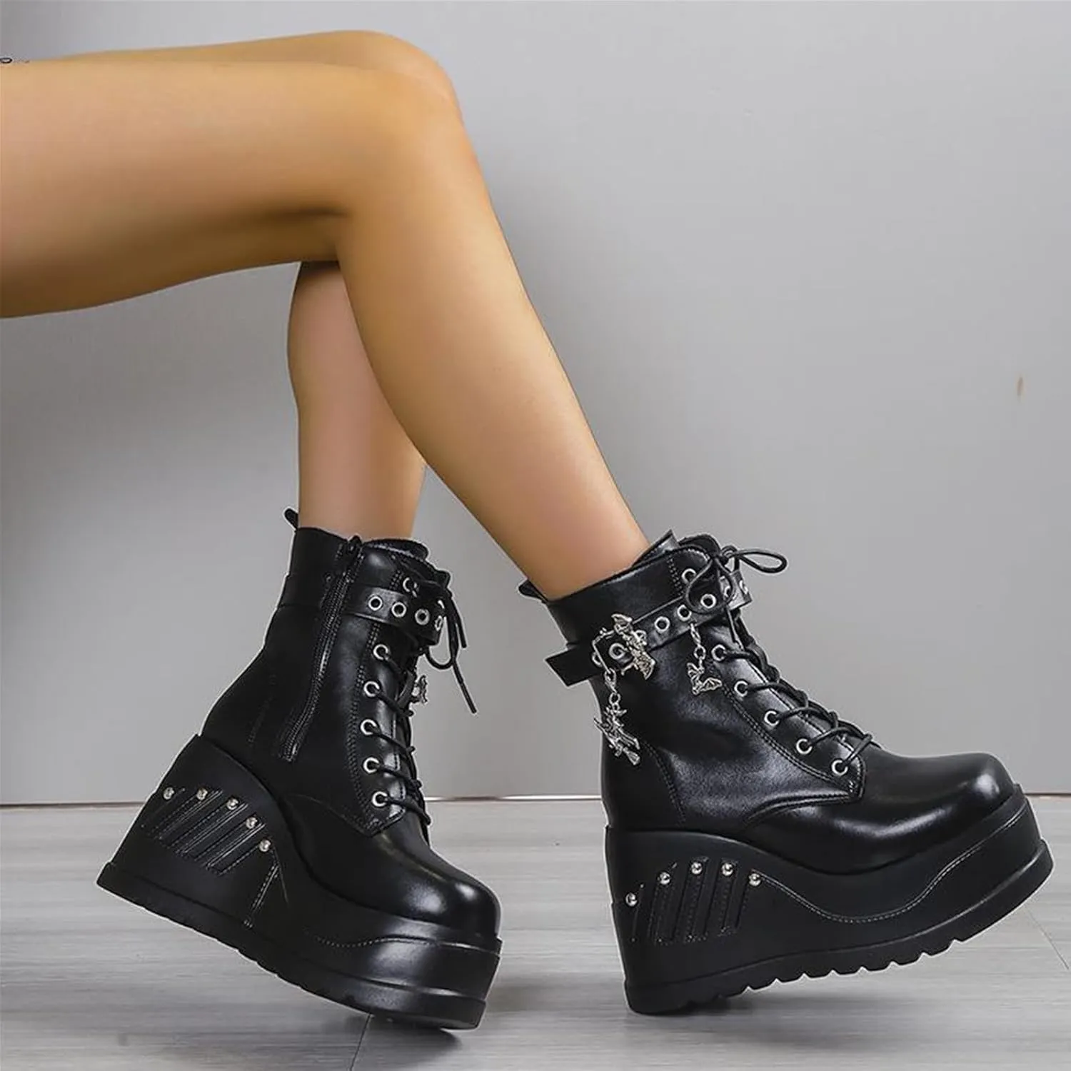 UOQAPRE Women's High Heel Combat Boots Square Toe Lace Up Ankle Booties Fashion Wedge Chunky Platform Boots Zipper Bootie Shoes