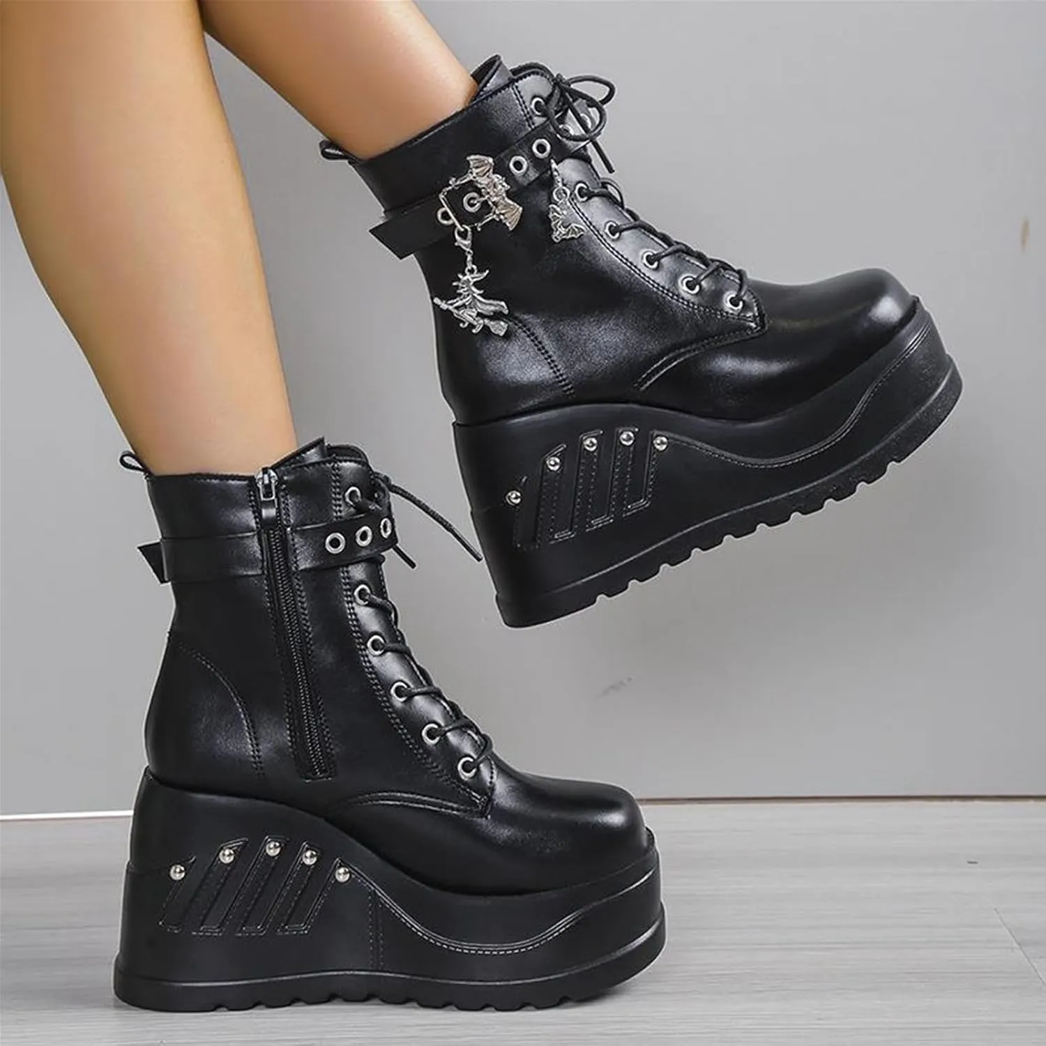 UOQAPRE Women's High Heel Combat Boots Square Toe Lace Up Ankle Booties Fashion Wedge Chunky Platform Boots Zipper Bootie Shoes