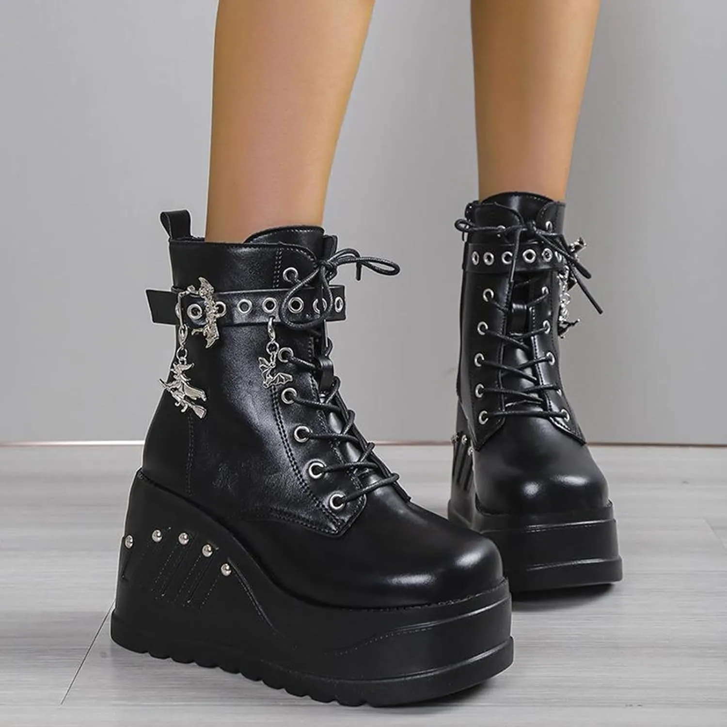 UOQAPRE Women's High Heel Combat Boots Square Toe Lace Up Ankle Booties Fashion Wedge Chunky Platform Boots Zipper Bootie Shoes