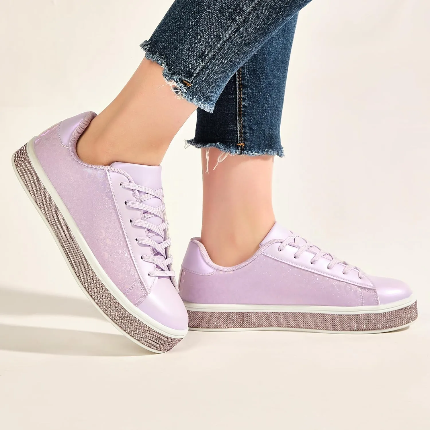 UUBARIS Women's Glitter Tennis Sneakers Neon Dressy Sparkly Sneakers Rhinestone Bling Wedding Bridal Shoes Shiny Sequin Shoes