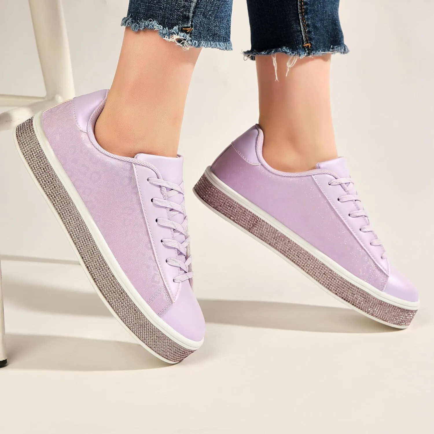UUBARIS Women's Glitter Tennis Sneakers Neon Dressy Sparkly Sneakers Rhinestone Bling Wedding Bridal Shoes Shiny Sequin Shoes