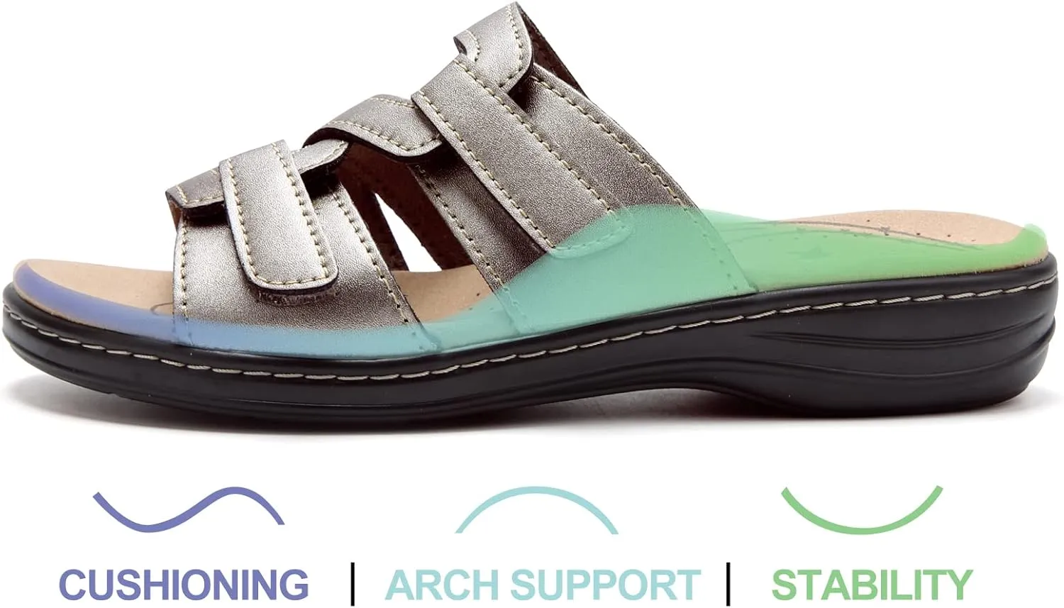 UZB Sandals for Women Orthotic Slides Adjustable Hook and Loop Flat Slide Sandals