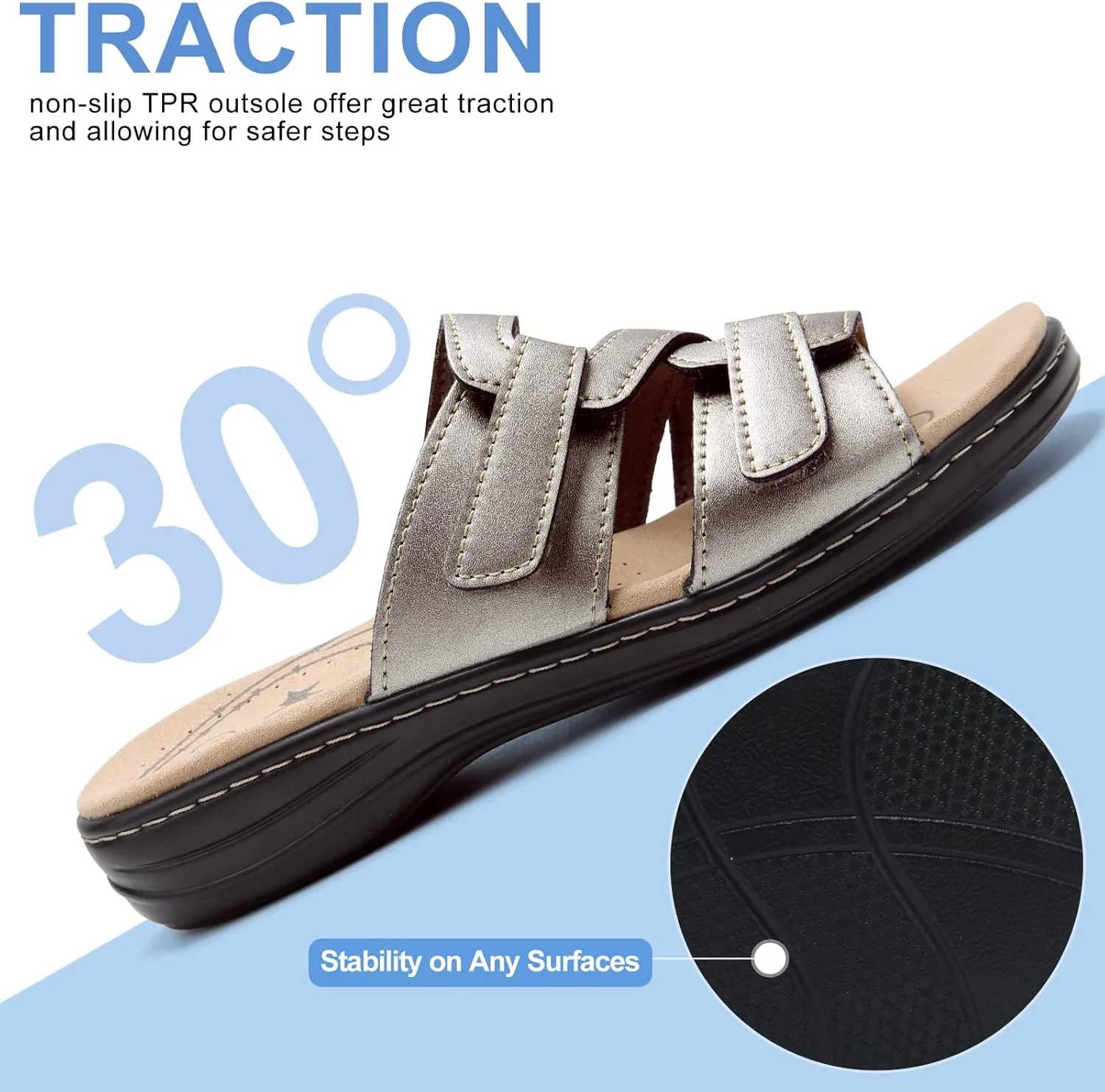 UZB Sandals for Women Orthotic Slides Adjustable Hook and Loop Flat Slide Sandals