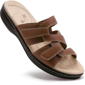 UZB Sandals for Women Orthotic Slides Adjustable Hook and Loop Flat Slide Sandals