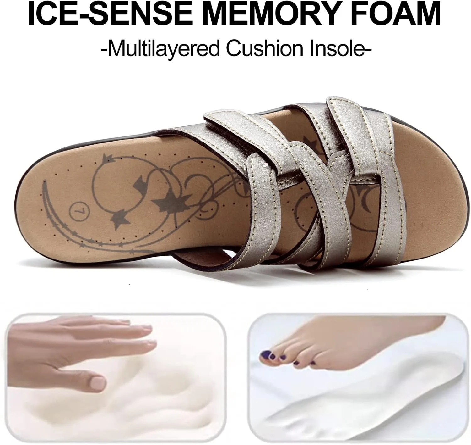 UZB Sandals for Women Orthotic Slides Adjustable Hook and Loop Flat Slide Sandals
