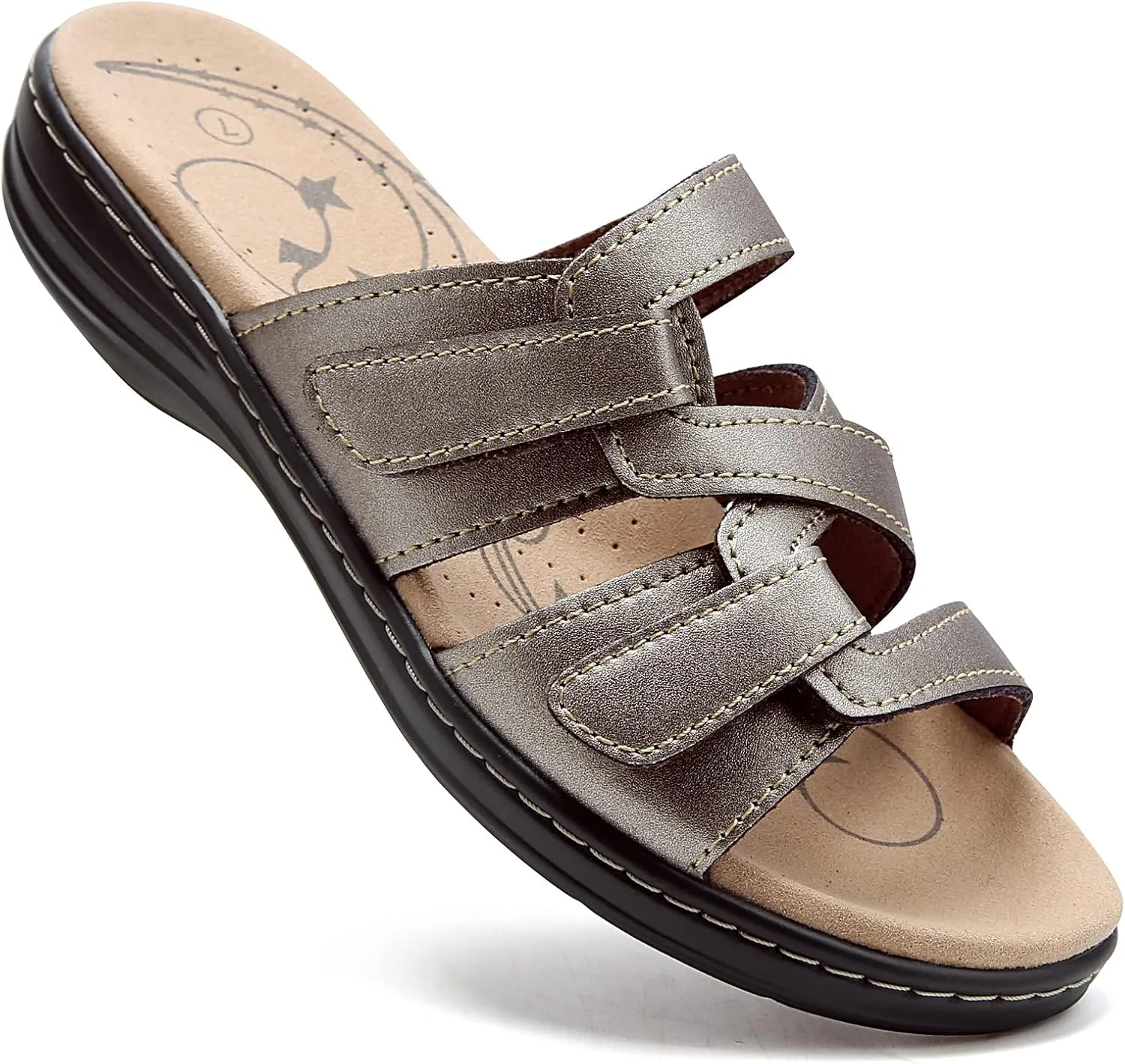 UZB Sandals for Women Orthotic Slides Adjustable Hook and Loop Flat Slide Sandals