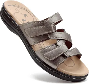 UZB Sandals for Women Orthotic Slides Adjustable Hook and Loop Flat Slide Sandals