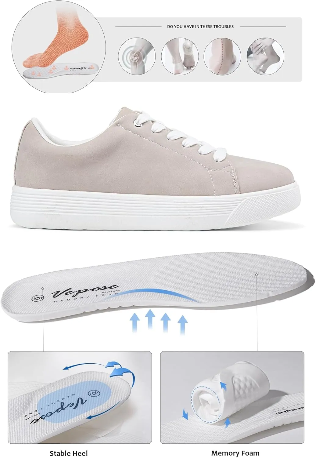 Vepose Women's 8012 Lace Up Classic Fashion Sneakers Comfortable Cute Shoes