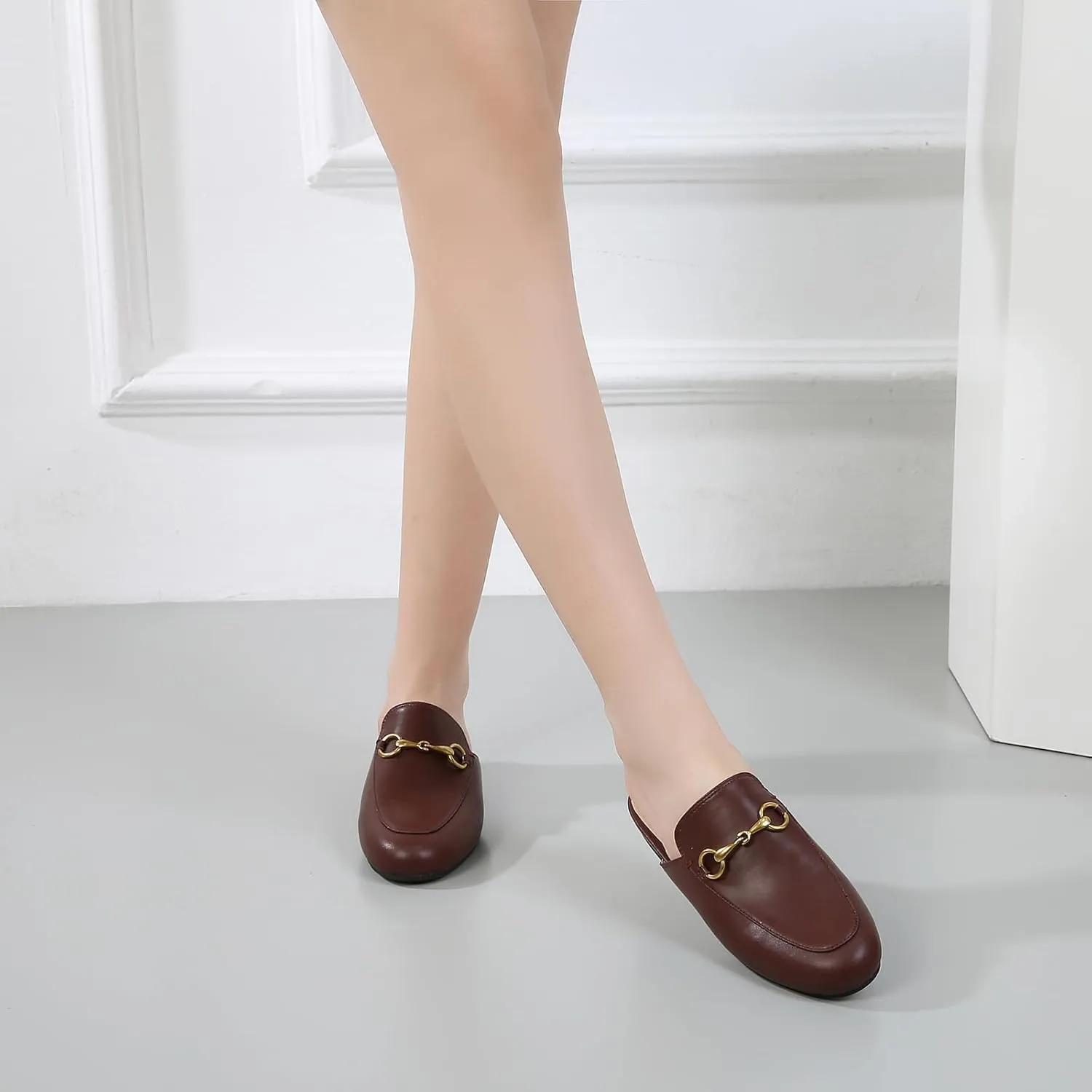 Vertundy Women's Mules Low Heel Flats Leather Slip On Backless Sandals for Girls Lady Work Slides