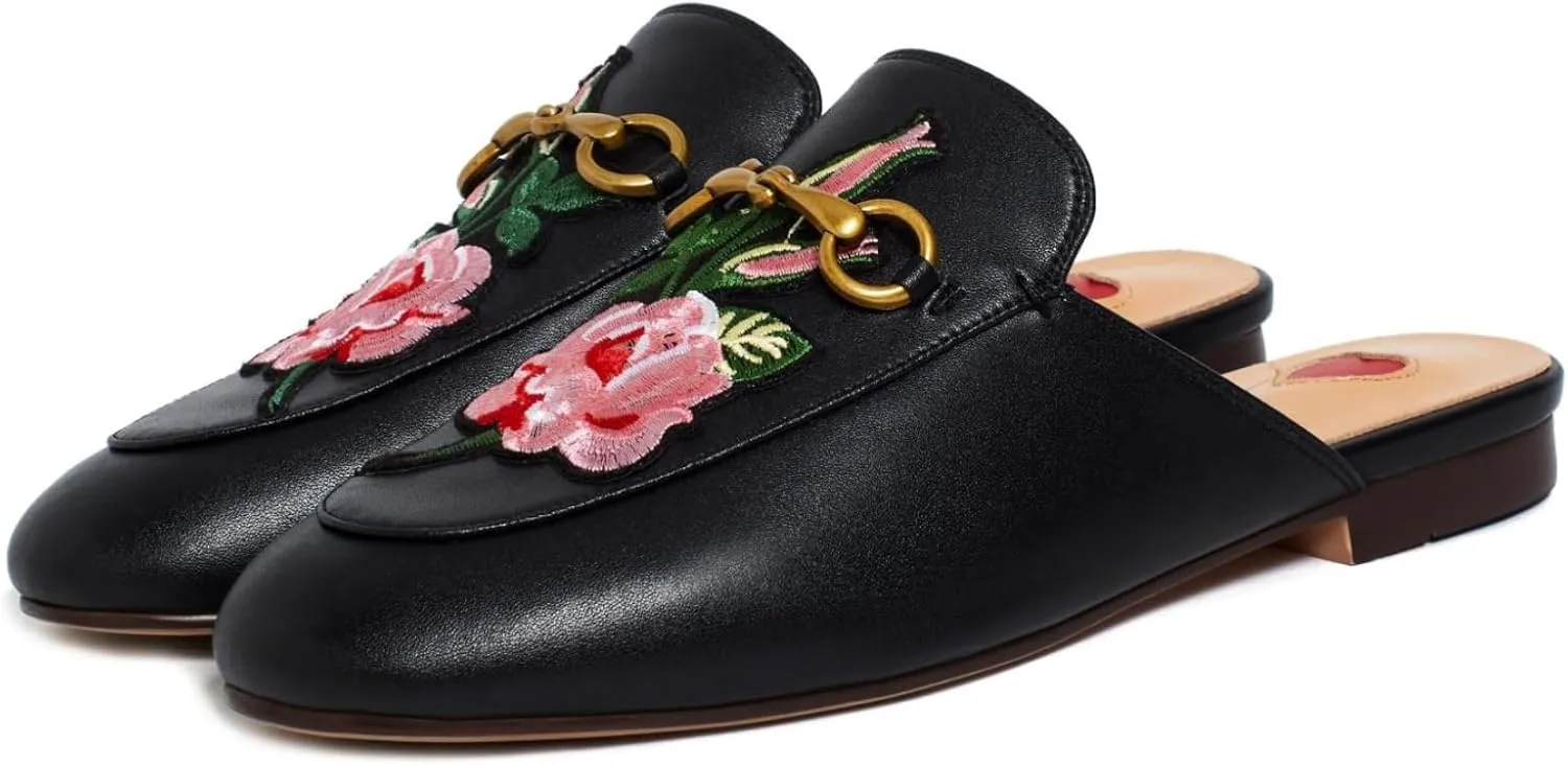 Vertundy Women's Mules Low Heel Flats Leather Slip On Backless Sandals for Girls Lady Work Slides