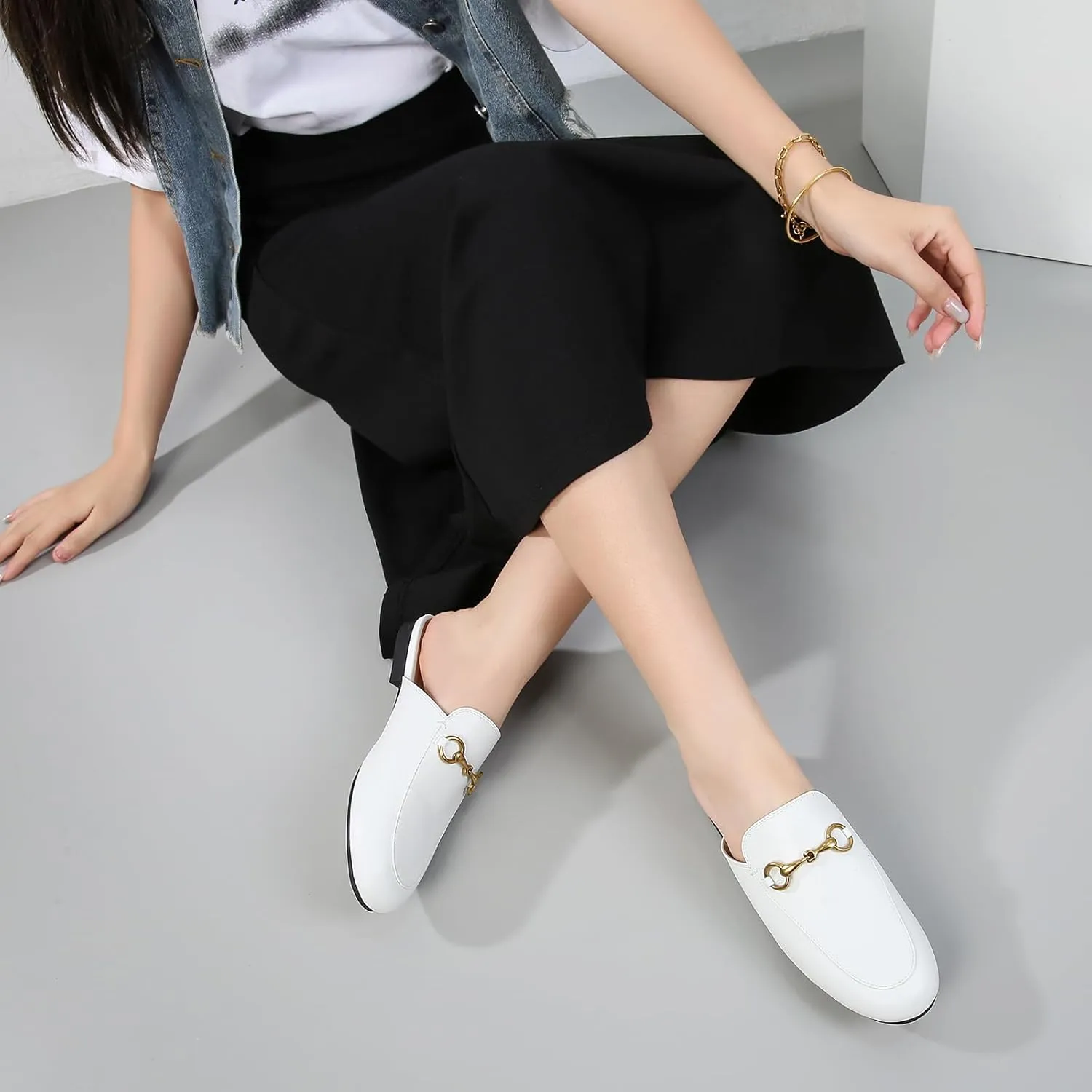 Vertundy Women's Mules Low Heel Flats Leather Slip On Backless Sandals for Girls Lady Work Slides