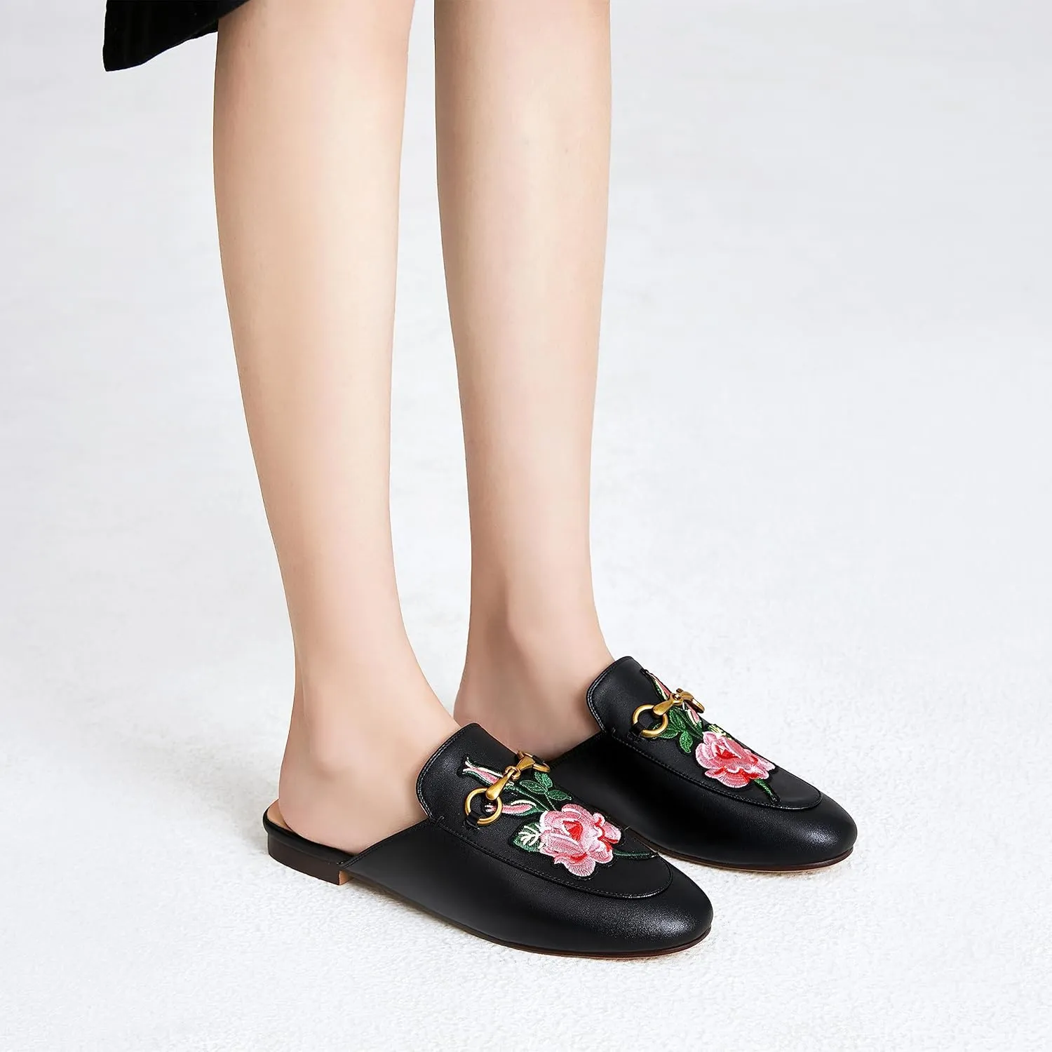 Vertundy Women's Mules Low Heel Flats Leather Slip On Backless Sandals for Girls Lady Work Slides