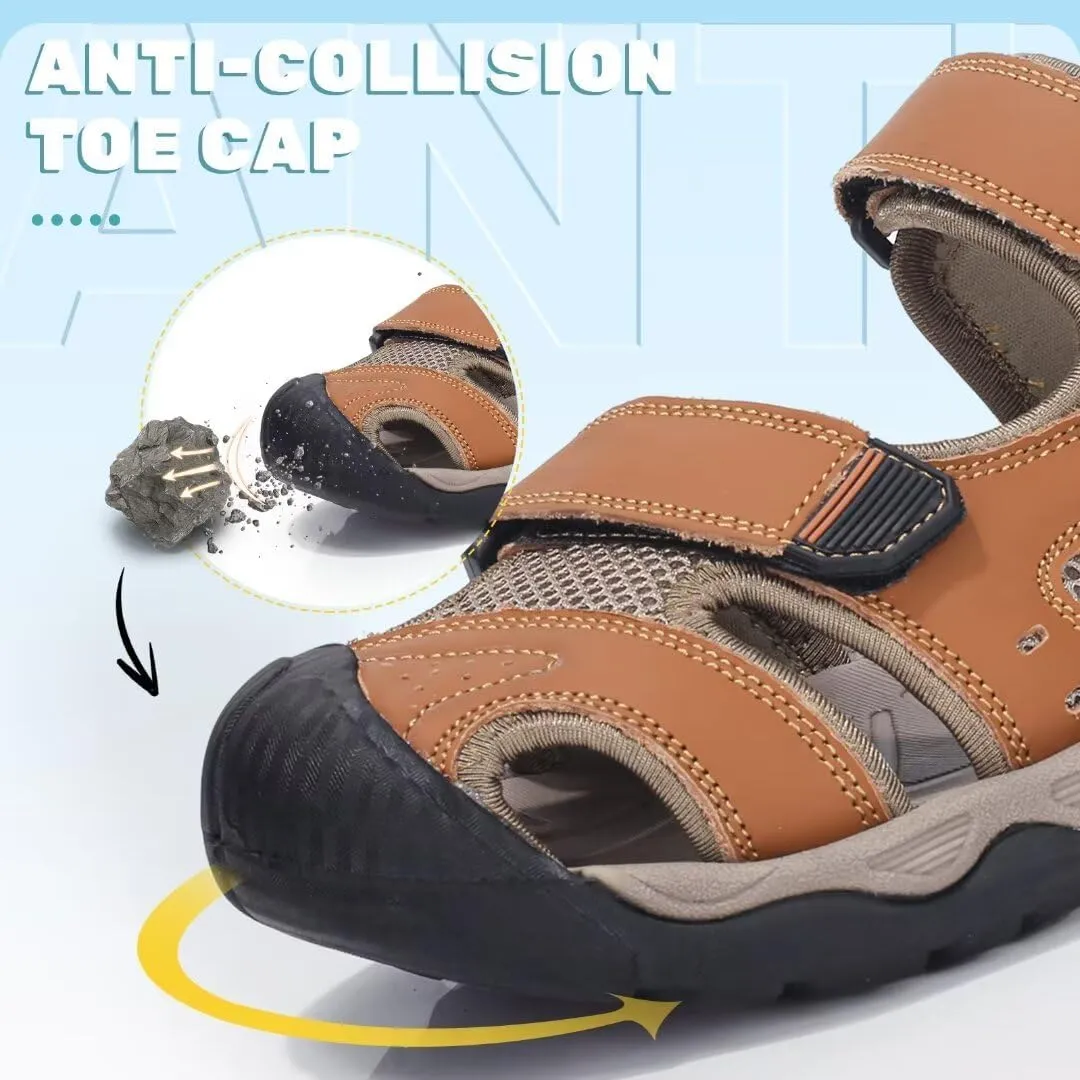 VISIONREAST Mens Leather Sandals - Outdoor Hiking & Waterproof Athletic Sports Sandals - Fisherman Beach Shoes with Closed Toe