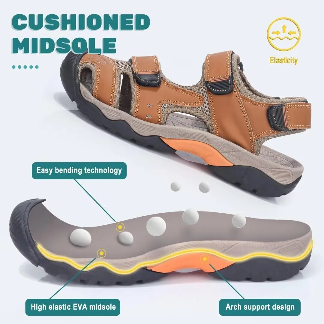 VISIONREAST Mens Leather Sandals - Outdoor Hiking & Waterproof Athletic Sports Sandals - Fisherman Beach Shoes with Closed Toe