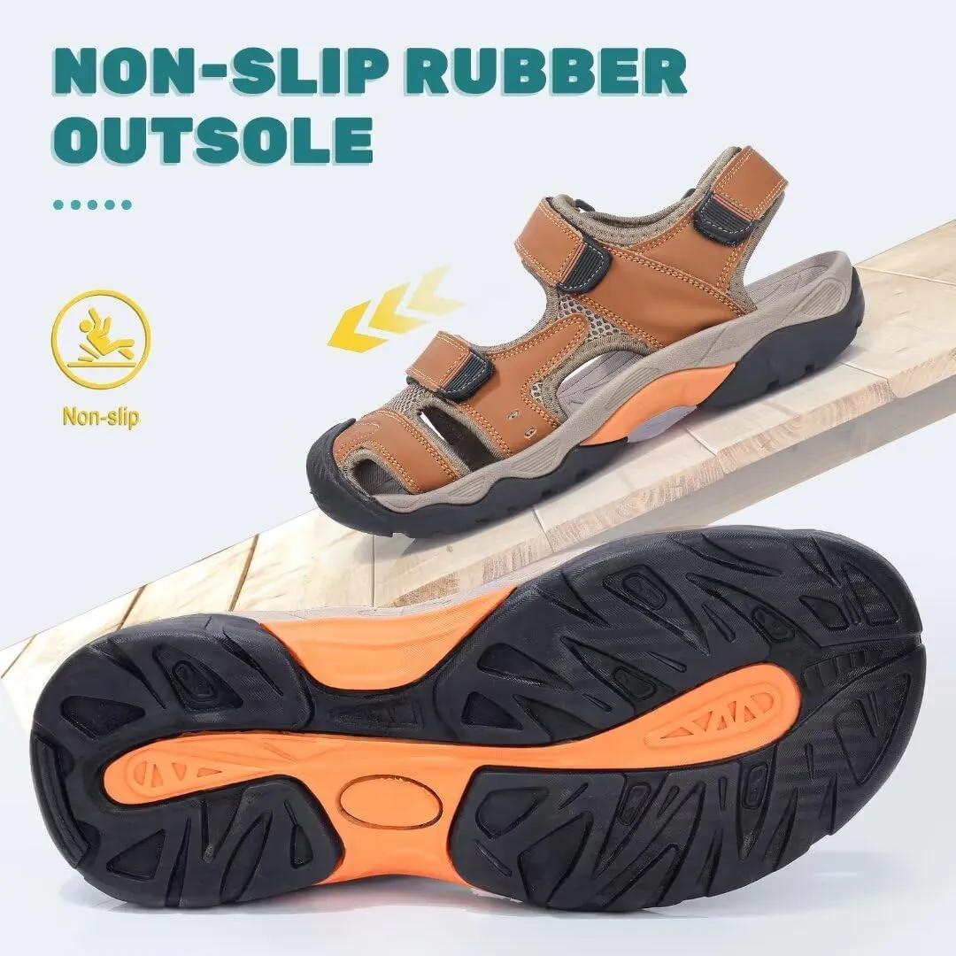 VISIONREAST Mens Leather Sandals - Outdoor Hiking & Waterproof Athletic Sports Sandals - Fisherman Beach Shoes with Closed Toe