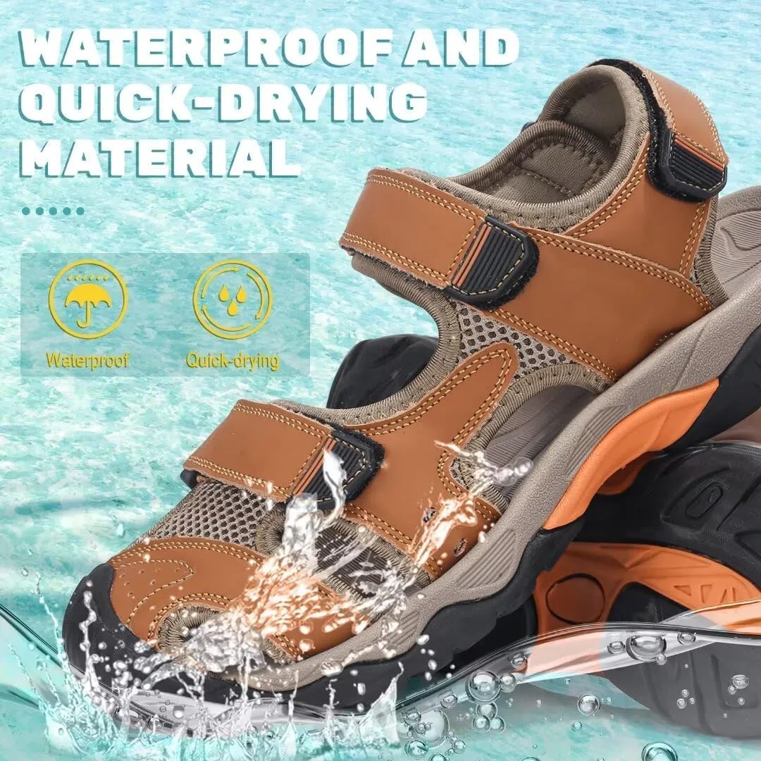 VISIONREAST Mens Leather Sandals - Outdoor Hiking & Waterproof Athletic Sports Sandals - Fisherman Beach Shoes with Closed Toe