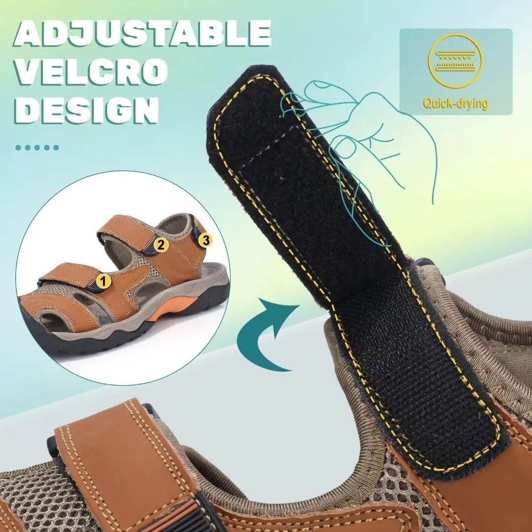 VISIONREAST Mens Leather Sandals - Outdoor Hiking & Waterproof Athletic Sports Sandals - Fisherman Beach Shoes with Closed Toe
