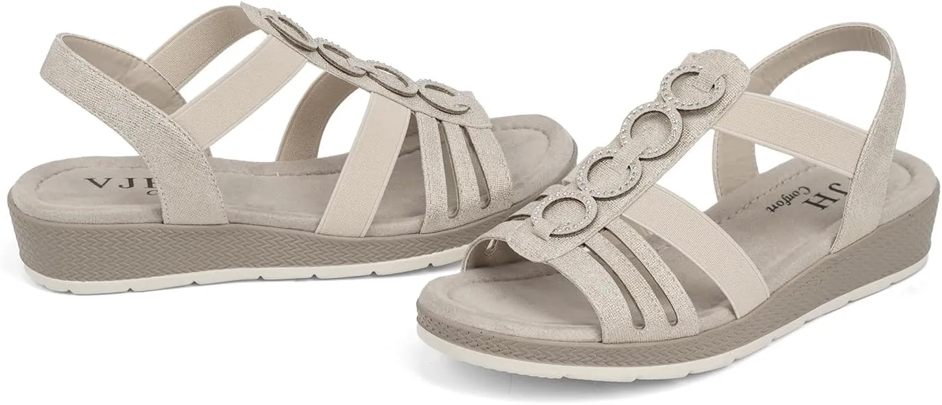 VJH confort Women’s Flat Sandals Comfortable Rhinestone Dressy sandals Elastic Open toe Low Wedge Sandals for Summer