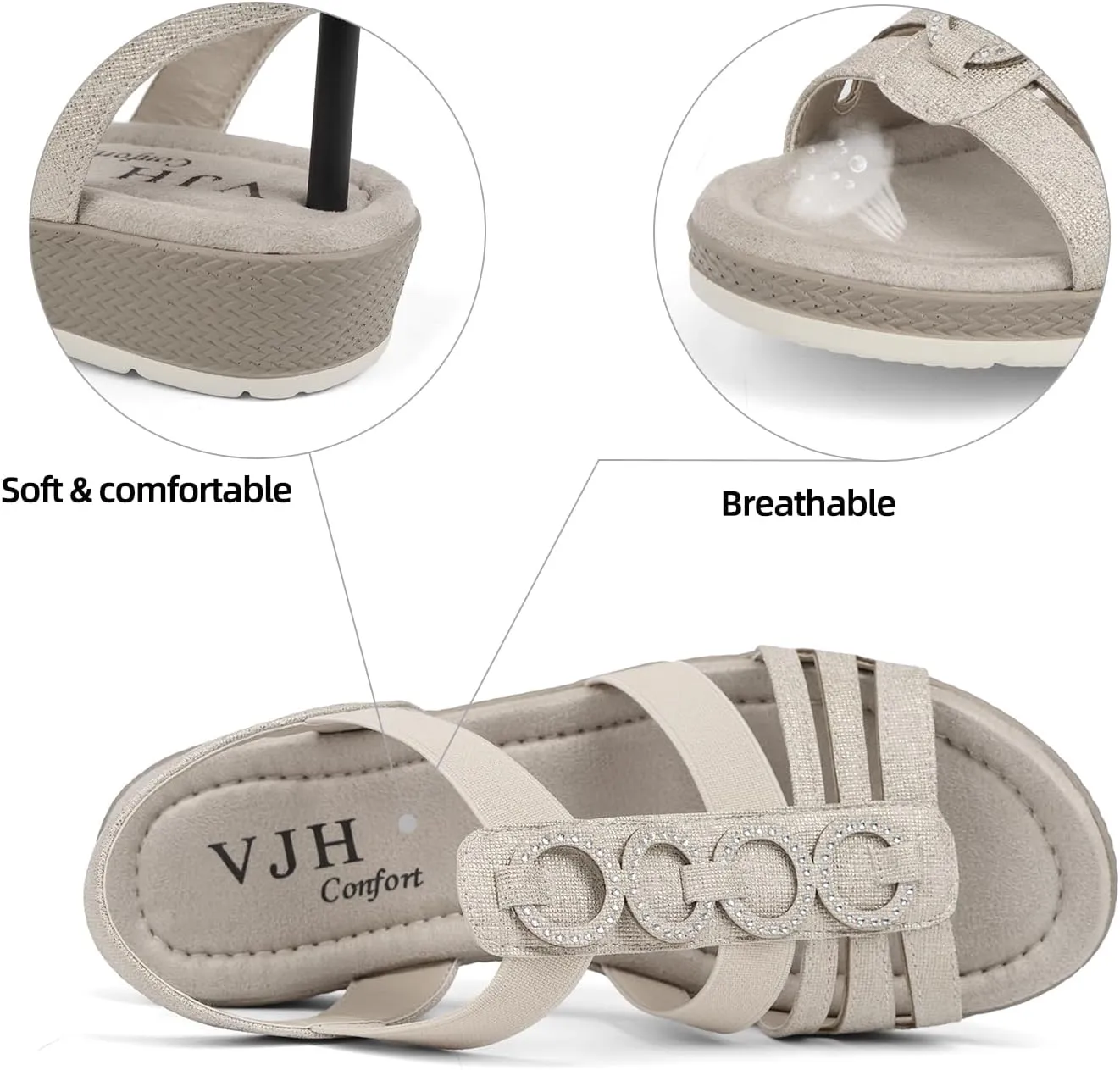 VJH confort Women’s Flat Sandals Comfortable Rhinestone Dressy sandals Elastic Open toe Low Wedge Sandals for Summer