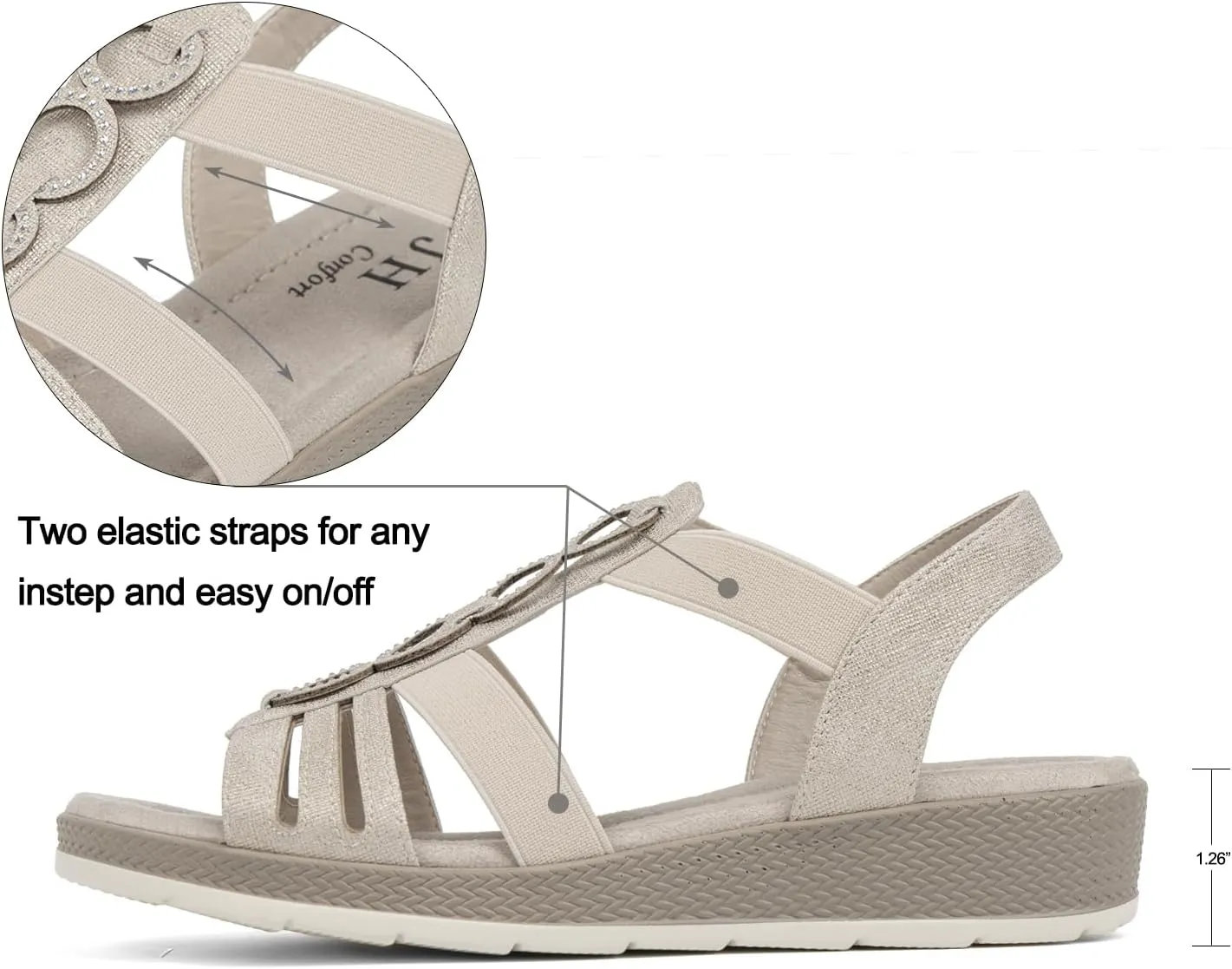 VJH confort Women’s Flat Sandals Comfortable Rhinestone Dressy sandals Elastic Open toe Low Wedge Sandals for Summer