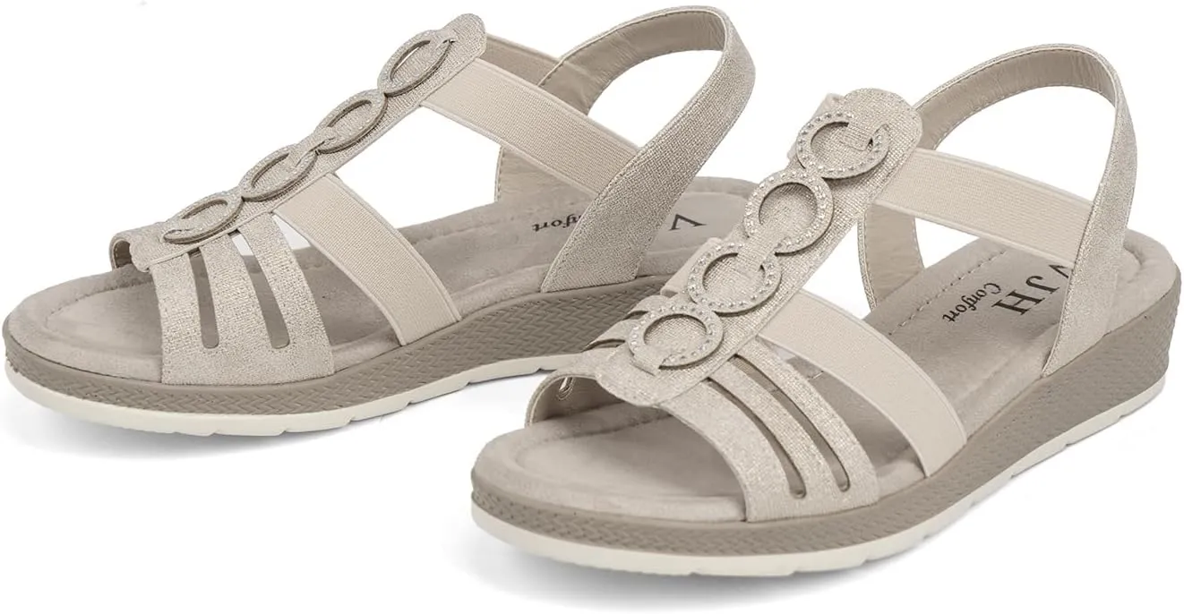 VJH confort Women’s Flat Sandals Comfortable Rhinestone Dressy sandals Elastic Open toe Low Wedge Sandals for Summer