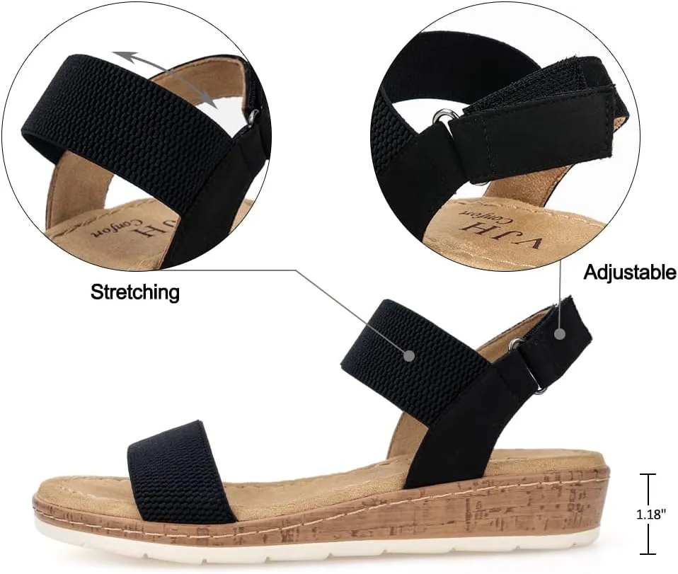 VJH confort Women’s Flat Sandals Open Toe Elastic Ankle Strap Slip on Comfy Low Wedge Sandals