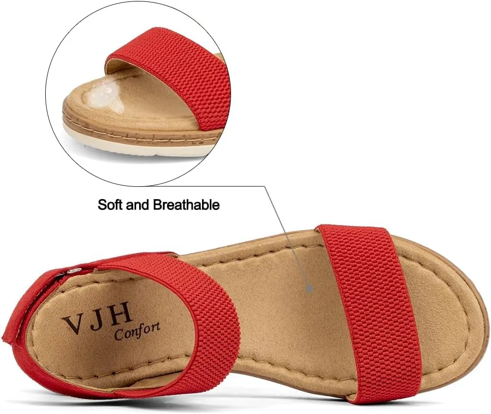 VJH confort Women’s Flat Sandals Open Toe Elastic Ankle Strap Slip on Comfy Low Wedge Sandals