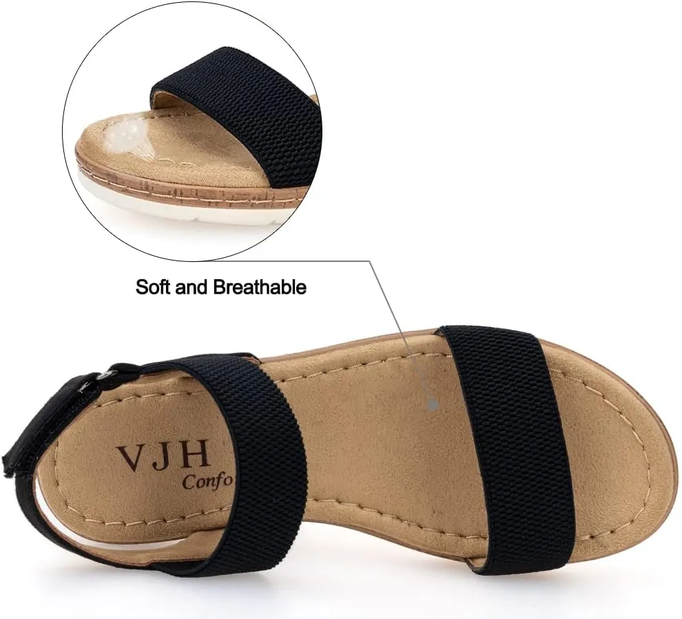 VJH confort Women’s Flat Sandals Open Toe Elastic Ankle Strap Slip on Comfy Low Wedge Sandals