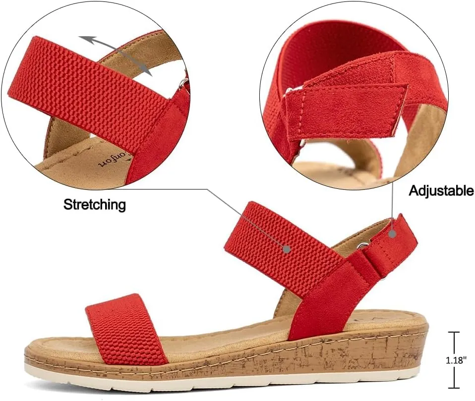 VJH confort Women’s Flat Sandals Open Toe Elastic Ankle Strap Slip on Comfy Low Wedge Sandals