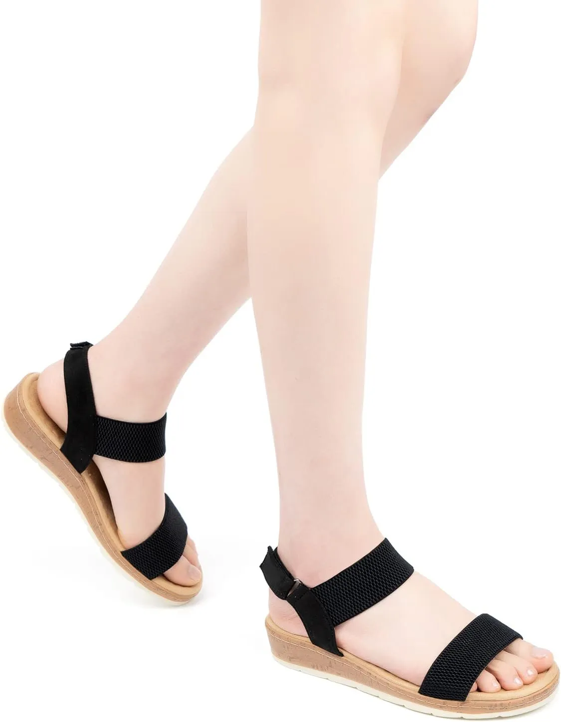 VJH confort Women’s Flat Sandals Open Toe Elastic Ankle Strap Slip on Comfy Low Wedge Sandals