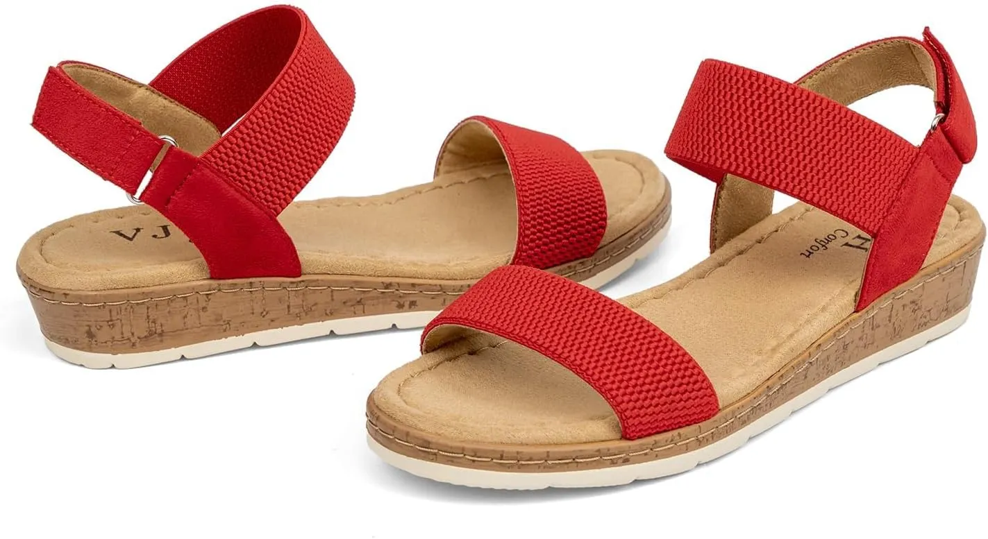 VJH confort Women’s Flat Sandals Open Toe Elastic Ankle Strap Slip on Comfy Low Wedge Sandals