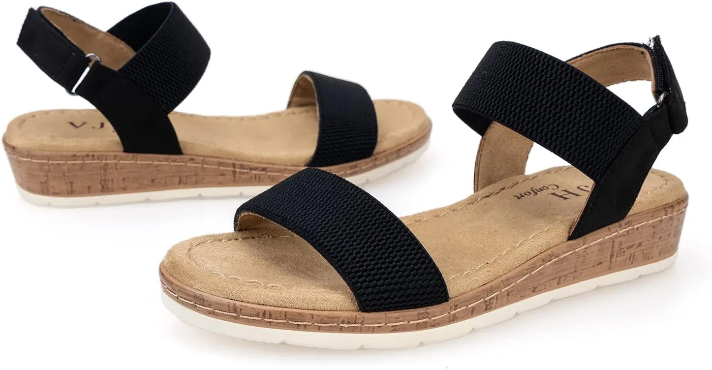 VJH confort Women’s Flat Sandals Open Toe Elastic Ankle Strap Slip on Comfy Low Wedge Sandals