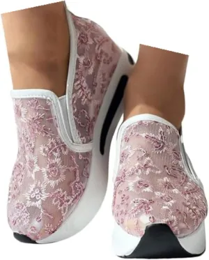 Wedge Floral Shoes Mesh Fashion Sneakers for Women Slip On Breathable Walking Shoes Women's Casual Embroidery Platform Sneakers Comfort Work Shoes High Heels Outdoor Travel Sports Shoes