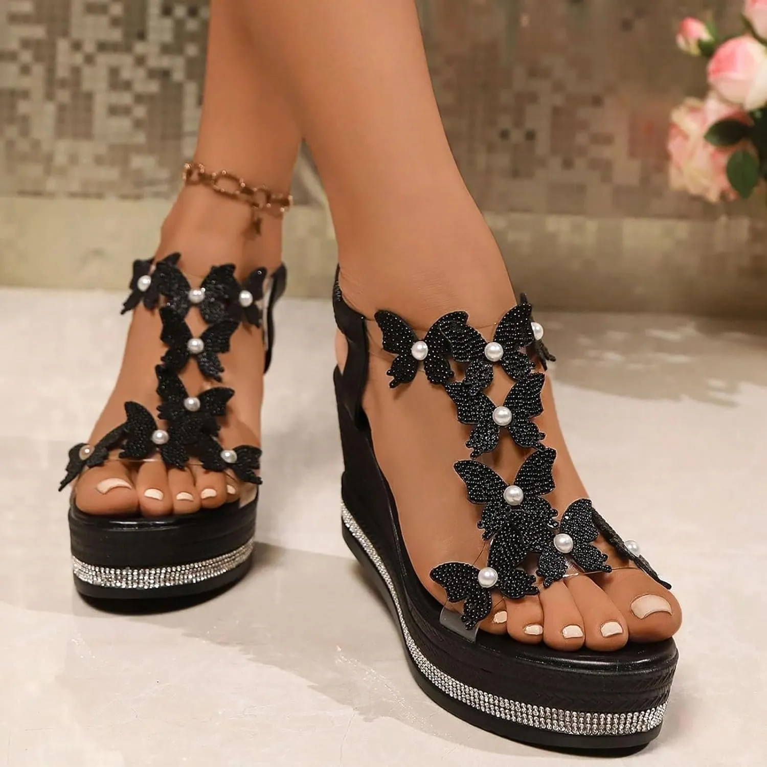 Wedge Sandals For Women Summer Slides Platform Sandals Flat Casual Rhinestone Beaded Sparkly Bling Bohemian Lace Flower Sandal Fashionable Butterfly Decor Cute Walking Shoes