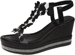Wedge Sandals For Women Summer Slides Platform Sandals Flat Casual Rhinestone Beaded Sparkly Bling Bohemian Lace Flower Sandal Fashionable Butterfly Decor Cute Walking Shoes