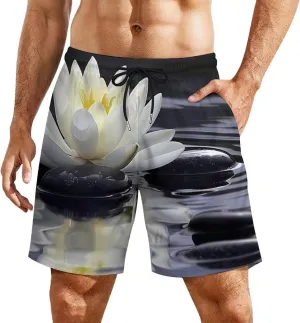 White Lotuses and Black Zen Stones Men's Swim Trunks Quick Dry Board Shorts Swimwear Beach Shorts with Compression Liner